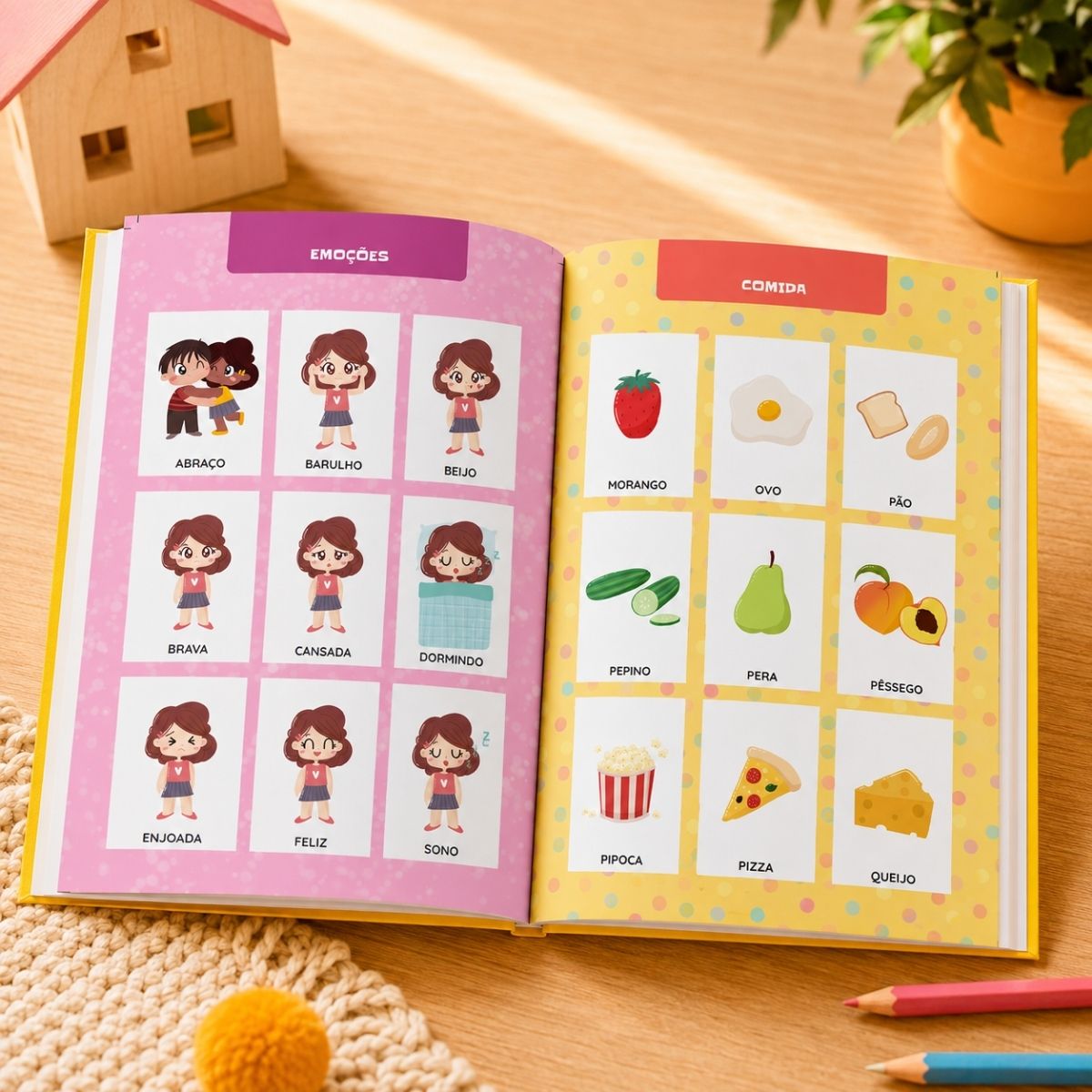 Página interna do Livro Ilustrado Meu Livro de Comunicação Matraquinha – Menina aberta, mostrando as figuras de comunicação para autismo