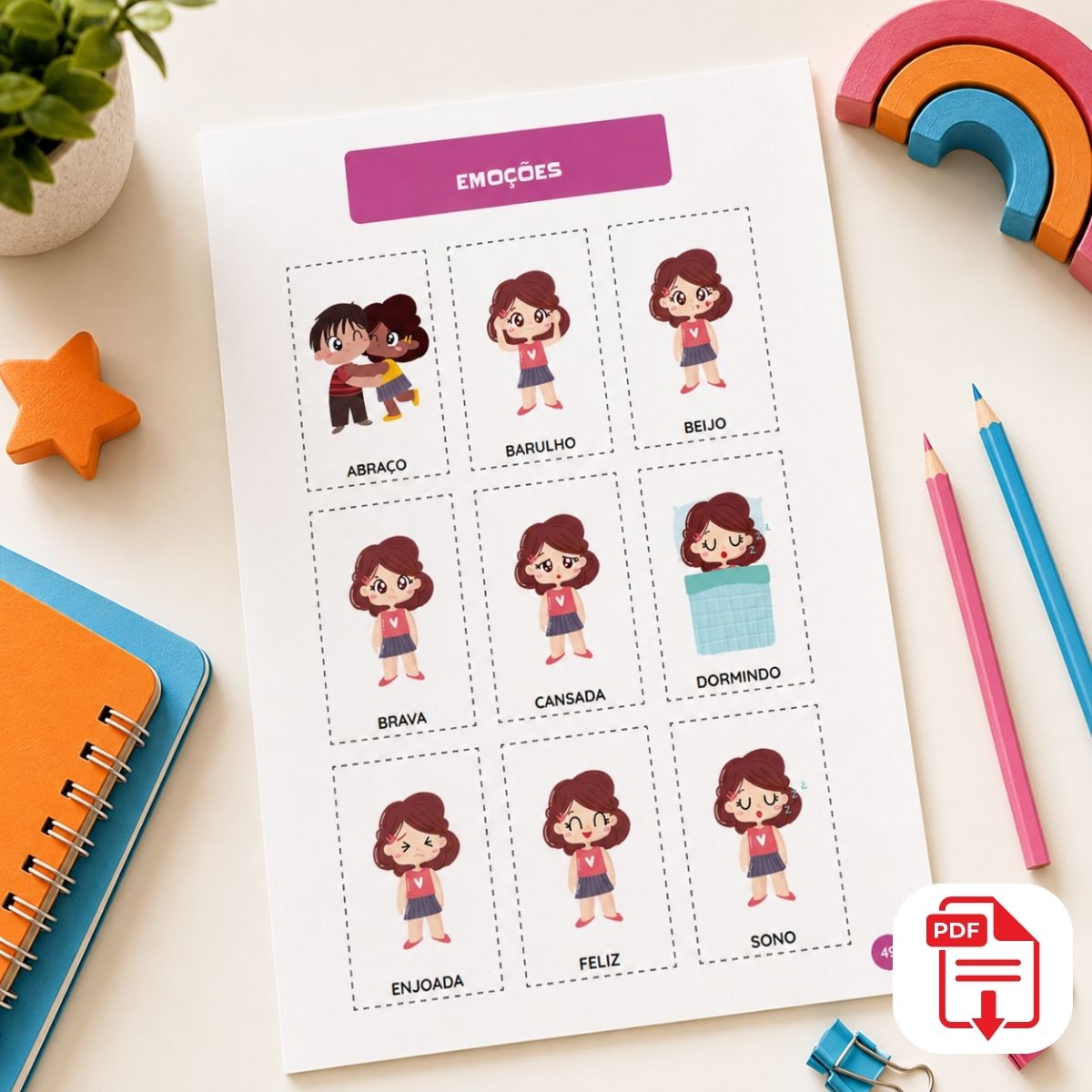 Página de exemplo do Protocolo Matraquinha Menina mostrando grade de figuras prontas para recortar